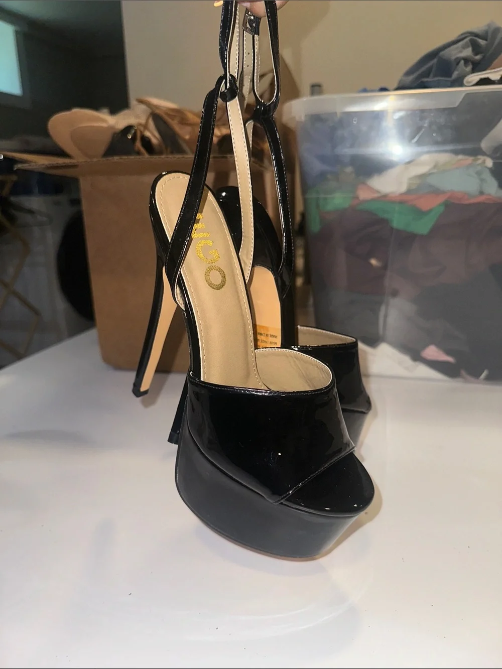 EGO Black Patent Platform Ankle-Strap Heels